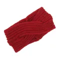 Close-up of a red chunky knitted cross headband showing detailed handmade yarn texture - Dark Red