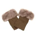 Short brown knitted boot cuffs featuring plush taupe faux fur trim for winter warmth. - One Size / Khaki