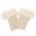 Flat lay view of knitted boot cuffs featuring white faux fur trim details. - One Size / Beige
