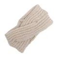 Macro detail view of a beige hand-knitted twisted cable wool headband for women. - Beige
