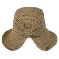 Chapeau de soleil élégant en paille tissée pour femme avec un grand nœud décoratif - Ajustable (55-57cm) / Café Clair