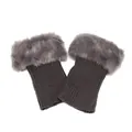 Macro view of dark grey knitted boot cuffs featuring a soft grey faux fur trim detail. - One Size / Dark Gray