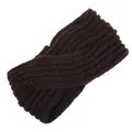Detailed view of a brown hand-knitted twist front headband with ribbed texture - Coffee