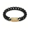 Close-up of black Cuban chain bracelet with gold rhinestone initial A buckle - A-Letter Clasp Bracelet (ZM14BG) / 14mm x 19cm / 7.5in / Gold + Black