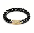 Close-up of black stainless steel Cuban link bracelet with gold paved letter B clasp - B-Letter Clasp Bracelet (ZM14BG) / 14mm x 19cm / 7.5in / Gold + Black