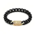 Close-up of the crystal-paved gold initial C clasp on a black cuban link bracelet - C-Letter Clasp Bracelet (ZM14BG) / 14mm x 19cm / 7.5in / Gold + Black