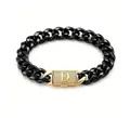 Close-up of thick black stainless steel chain bracelet featuring gold crystal D clasp - D-Letter Clasp Bracelet (ZM14BG) / 14mm x 19cm / 7.5in / Gold + Black