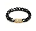 Bracciale cubano da uomo nero e oro con chiusura a scatto e lettera E in cristalli - Bracciale con chiusura a lettera E (ZM14BG) / 14mm x 19cm / 7,5 pollici / Oro + Nero