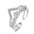 Close-up of elegant V-shaped double layer ring with sparkling zirconia stones - Adjustable Open / Silver
