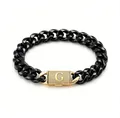 Bracciale a catena cubana in acciaio nero con chiusura a lettera G in strass dorati - Bracciale con Chiusura Lettera G (ZM14BG) / 14mm x 19cm / 7,5 pollici / Oro + Nero