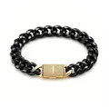 Primo piano di bracciale a catena cubana nera con chiusura a scatto iniziale I dorata - Bracciale con Chiusura Lettera I (ZM14BG) / 14mm x 19cm / 7,5 pollici / Oro + Nero