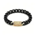 Dettaglio di bracciale a maglia cubana nera con chiusura dorata lettera 'J' - Bracciale con Chiusura Lettera J (ZM14BG) / 14mm x 19cm / 7,5 pollici / Oro + Nero