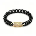 Bracciale da uomo a catena cubana in acciaio inox nero con chiusura a lettera N dorata - Bracciale con Chiusura Lettera N (ZM14BG) / 14mm x 19cm / 7,5 pollici / Oro + Nero