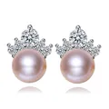 Elegant 8mm pink freshwater pearl stud earrings with sparkling crown cubic zirconia design - Crown Style / 8mm Pearl / Purple Pearl