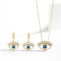 Gold-plated evil eye jewelry set with blue zircon necklace and matching hoop earrings - Necklace and Earring Set / Gold