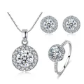 Elegant silver jewelry set with round zircon halo pendant necklace ring and studs - Round Halo Set / Silver / Size 6