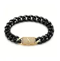 Dettaglio macro del bracciale Cuban in acciaio nero con chiusura in oro pave lettera X - Bracciale con Chiusura Lettera X (ZM14BG) / 14mm x 19cm / 7,5 pollici / Oro + Nero