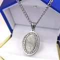 Silver oval pendant necklace with Our Lady of Guadalupe and shiny rhinestones - Necklace (With Chain) / Silver