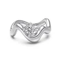 S925 sterling silver ring with irregular wave design and round center stone - Adjustable Open / Single Stone Wave Line Style (DY121420) / White Gold