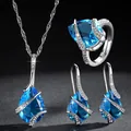 Detailed view of luxury sea blue teardrop zircon necklace, ring and earrings jewelry set - Three-Piece Collection (Necklace + Earrings + Ring) / Silver