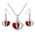 Elegant red heart pendant necklace and drop earrings jewelry set with silver finish - Earring Hooks Set / Red