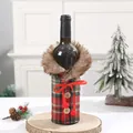 Festive plaid Christmas wine bottle cover with faux fur collar and red ribbon bow - Large Fur Ball Red Plaid Cover