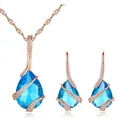 Elegant vintage rose gold jewelry set with large blue teardrop zircon pendants - 2-Piece Set (Necklace + Earrings) / Rose Gold