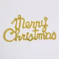 Detail view of a gold electroplated plastic Merry Christmas hanging sign for holiday trees - 25CM Plane English Letters / Gold