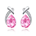 Detailed view of elegant pear-shaped pink crystal stud earrings with silver accents - Pink