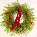 Lush artificial green cypress Christmas wreath decorated with red berries and ribbon - Red Berry Bowknot Pine Needle Wreath Garland (H3163)