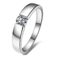 Macro view of polished men's silver ring featuring a central round-cut zircon stone - Size 8 / Platinum Plated