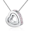Elegant silver double heart pendant necklace decorated with shimmering pink rhinestones - Silver with Pink Rhinestone