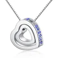 Elegant silver double heart pendant necklace with sparkling blue crystals on white background - Silver with Dark Blue Rhinestone