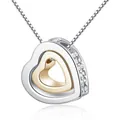 Elegant double heart pendant necklace with paved crystals in silver and rose gold tones. - Gold and Silver Hearts