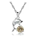 Detailed view of silver dolphin pendant necklace with champagne round crystal - Champagne