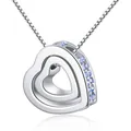 Elegant silver-toned double heart pendant necklace with light blue crystal side accents - Silver with Light Blue Rhinestone