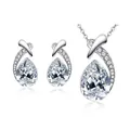 Elegant silver-toned jewelry set featuring pear-cut crystals with necklace and earrings - Clear