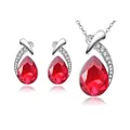 Elegant jewelry set featuring a teardrop-shaped red crystal pendant and matching earrings - Red