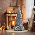 Slim flocked Christmas tree decorated with silver baubles for elegant home decor - Flocked Folding Tree (With Lights) / 1.8m / White