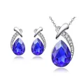 Elegant blue teardrop crystal necklace and earrings jewelry set in silver finish - Sapphire Blue
