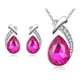 Elegant fuchsia pear-shaped crystal necklace and earrings jewelry set in silver tone - Rose Red