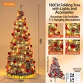 Árbol de Navidad plegable flocado verde de 180cm con luces cálidas y 113 adornos - Árbol de Navidad Plegable Flocado 1.8m Con Luces