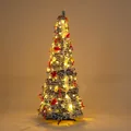 Pre-lit folding flocked green Christmas tree with warm LED lights and holiday ornaments - 1.5m Flocked Folding Christmas Tree With Pink White Accessories And Lights