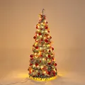 Deluxe flocked folding Christmas tree featuring warm LED lights and festive red ornaments. - 1.5m Flocked Folding Christmas Tree With Lights