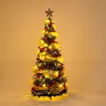 Luxury green flocked Christmas tree decorated with warm LED lights and gold ribbon - 1.5m Green Folding Christmas Tree With Gauze Ribbon And Lights