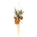 Golden Christmas cone wall hanging with pine branches, bow and LED lights, 45cm - Style 6