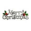 Close-up of a silver glitter Merry Christmas hanging sign with green holly leaves - 20cm / Silver