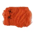 Orange stretchy Halloween spider web with two black plastic spiders for party decor - Orange