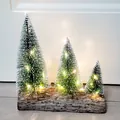 Miniature frosted Christmas trees with warm LED lights on a rustic wooden base - Triple Tree Set Warm White / 10-15-20cm