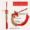 Red Chinese knot pendant with five brass emperor coins and wooden gourd decor for luck - 2.3cm Diameter Coin / Wood Gourd Five Emperor Coins Gold Edge Knot